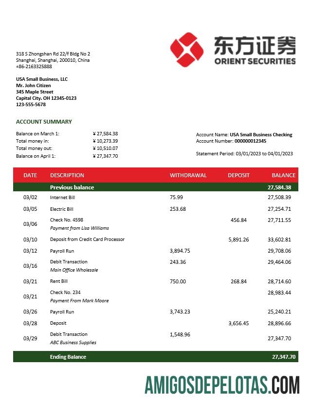 Imprimível Orient Securities Business Bank Statement modelo Word e PDF